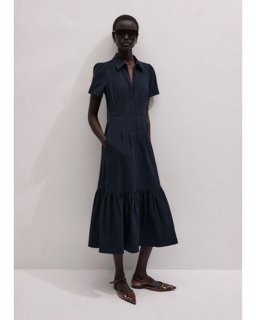 ME+EM Blue Fit And Flare Cotton Seersucker Midi Dress + Belt