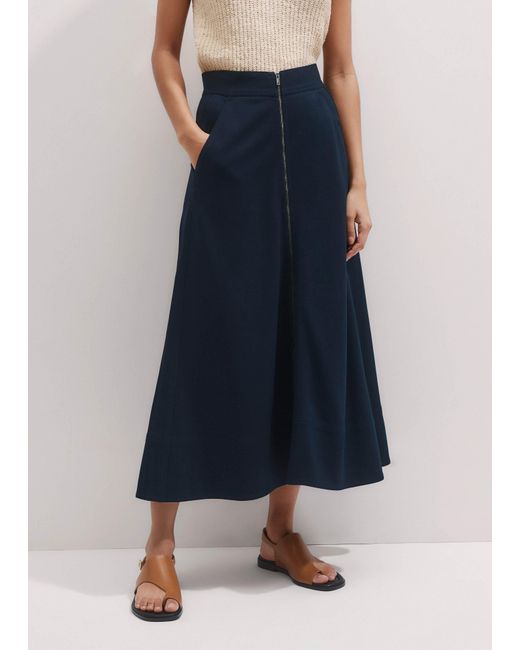 ME+EM Blue Luxe Travel Tailoring Zip-Front Midi Skirt