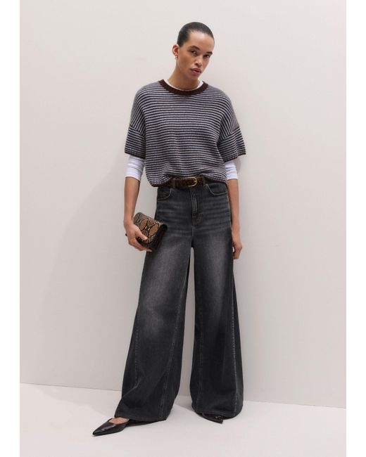 ME+EM Gray Wool Cashmere Silk Relaxed Crop Knit Tee Pecan-Chambray