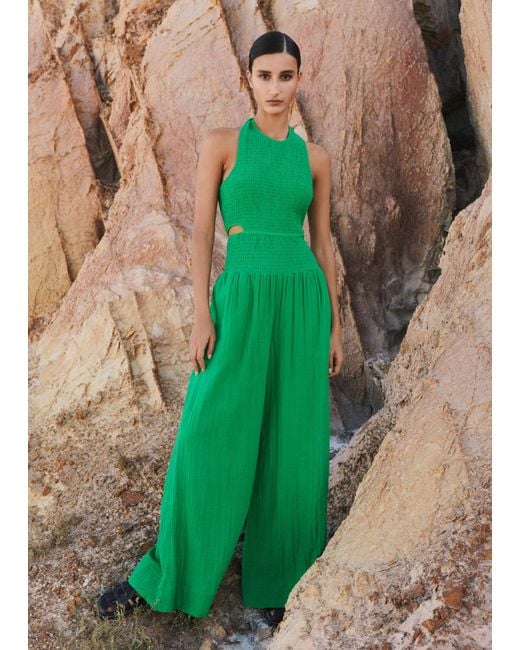 ME+EM Green Cheesecloth Shirred Wide-leg Jumpsuit