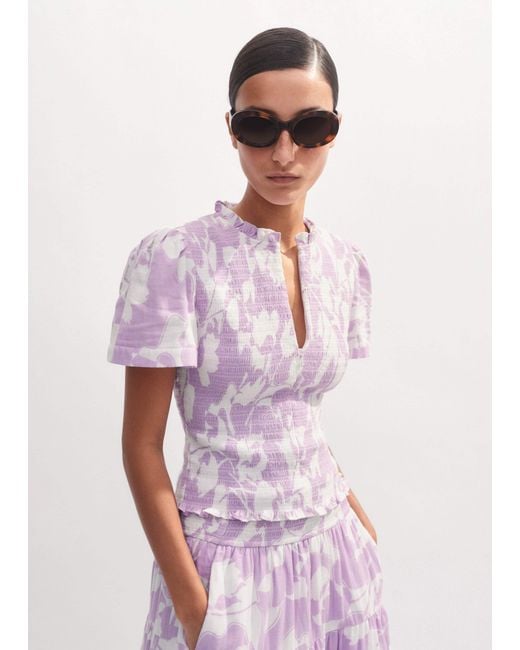 ME+EM White Cheesecloth Tulip Print Shirred Zip Top