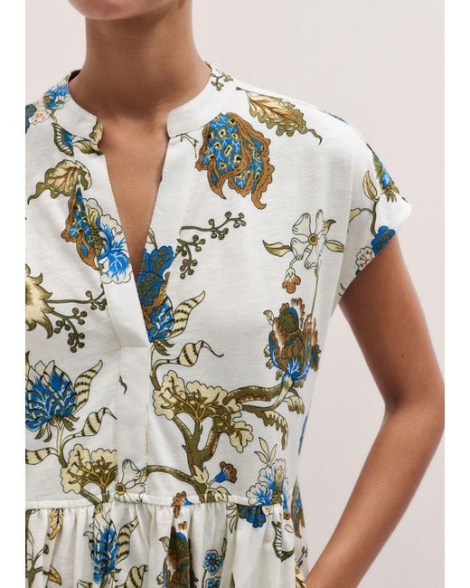 ME+EM White Jacobean Garden Print Short Tiered Swing Dress