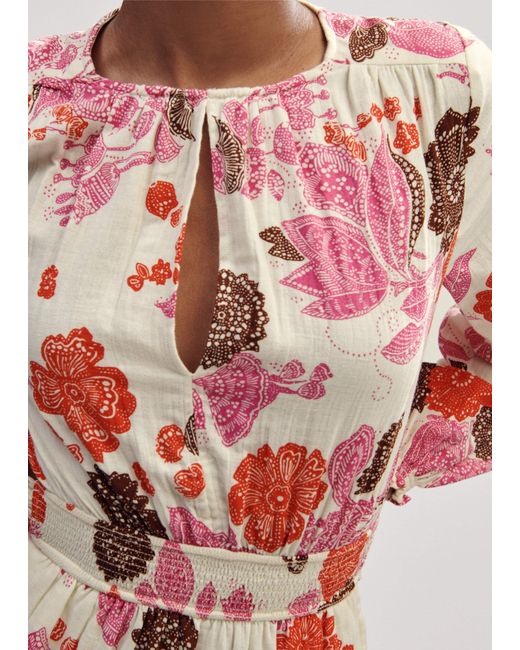 ME+EM Red Cheesecloth Bali Print Fit And Flare Dress Cream//Multi