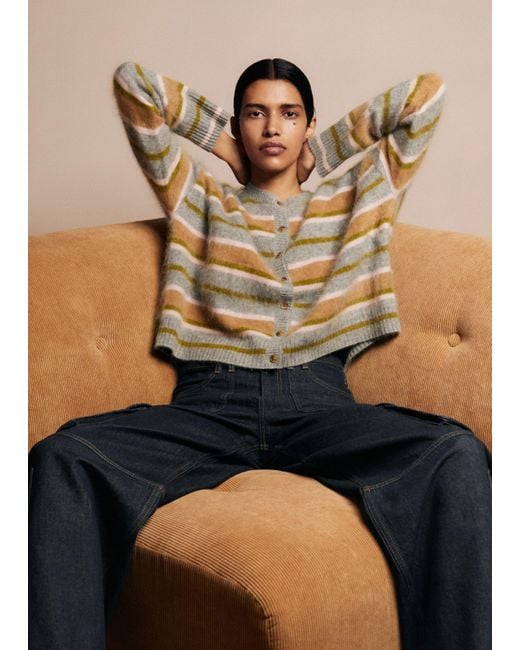 ME+EM Multicolor Brushed Cashmere Crew Neck Stripe Cardigan