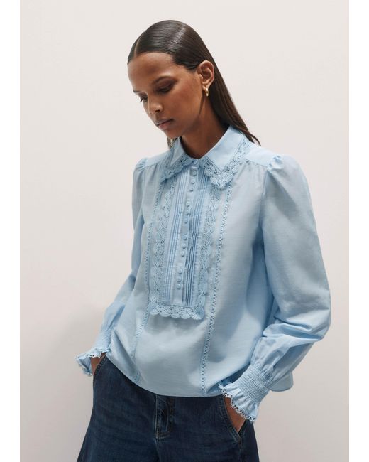 ME+EM Blue Silk Cotton Lace Trim Straight Blouse