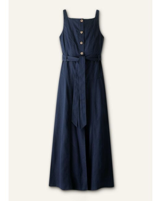 ME+EM Blue Crease-Less Linen Button Front Maxi Dress + Belt