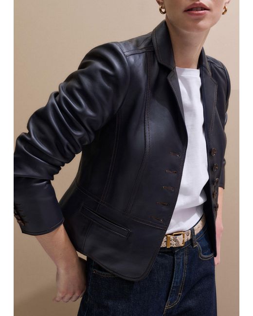 ME+EM Blue Leather Short Fitted Blazer