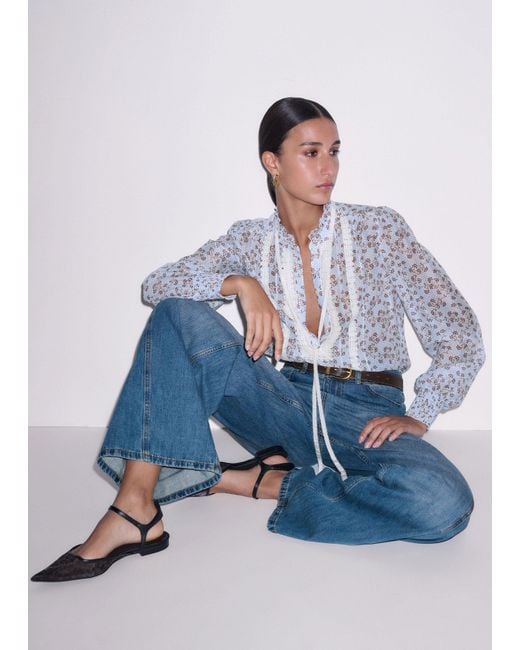 ME+EM Blue Scallop Daisy Print Trim Detail Blouse + Tie