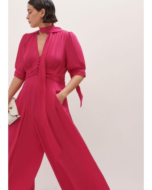 ME+EM Red Silk Wide-Leg Jumpsuit + Tie