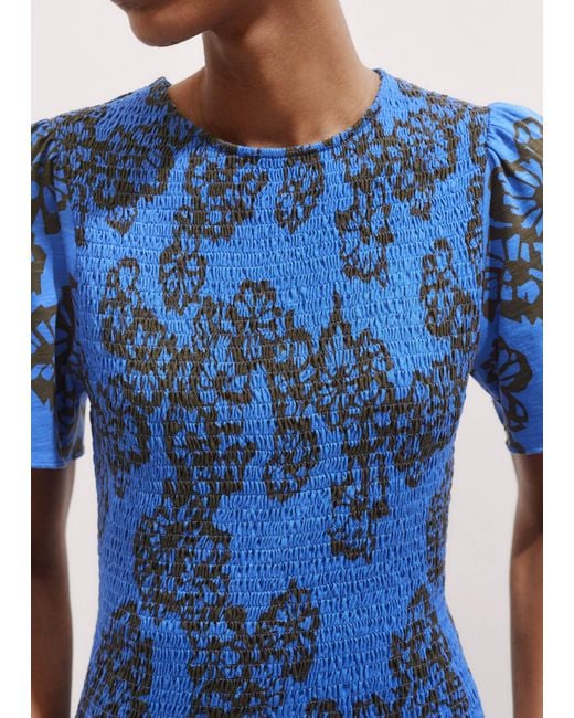 ME+EM Blue Stencil Bloom Print Smock Top