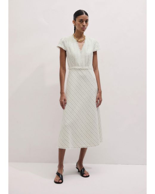 ME+EM White Textured Stripe Fit And Flare Midi Dress