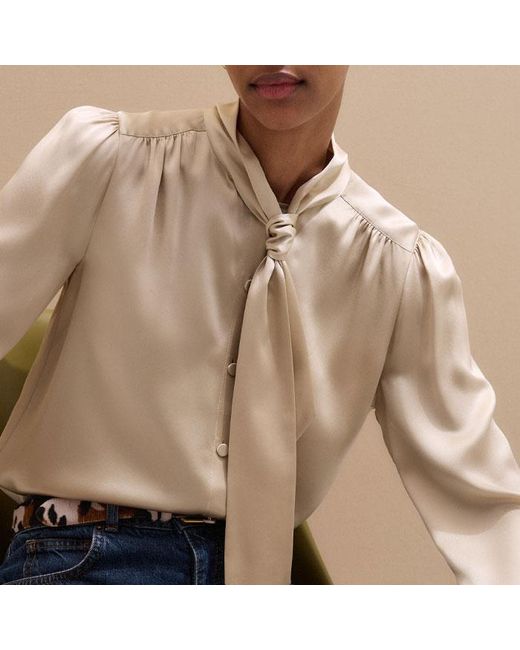 ME+EM Blue Silk Satin Tie Neck Blouse