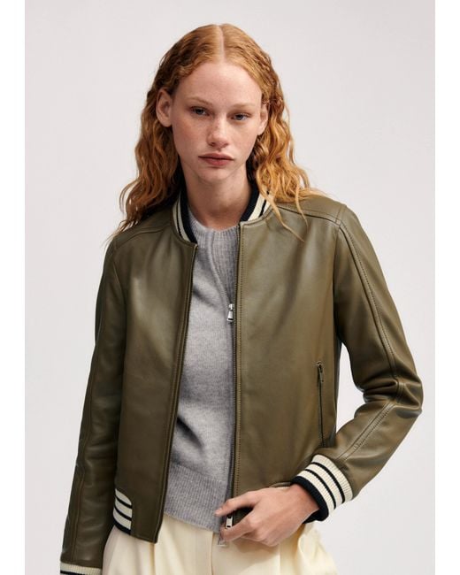 ME+EM Green Leather Varsity Bomber Jacket