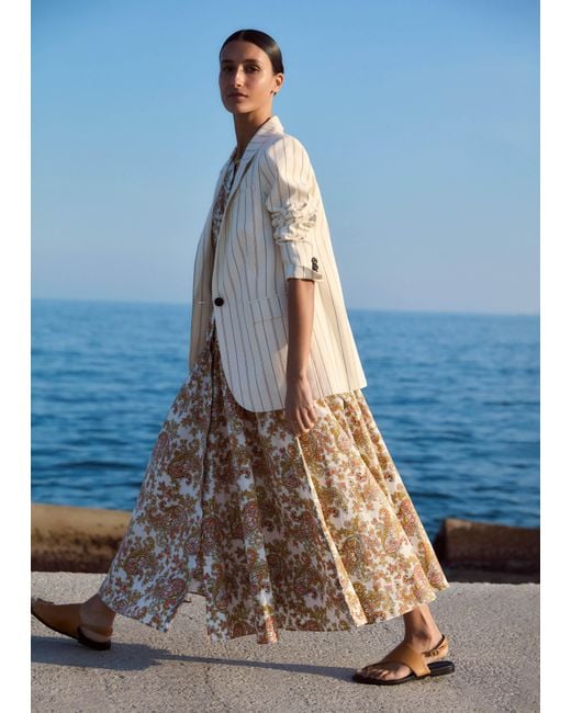 ME+EM Blue Cotton Poplin Geo Paisley Print Maxi Dress + Belt