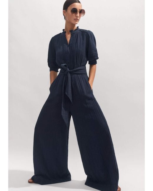 ME+EM Blue Cheesecloth Frill Detail Jumpsuit + Belt