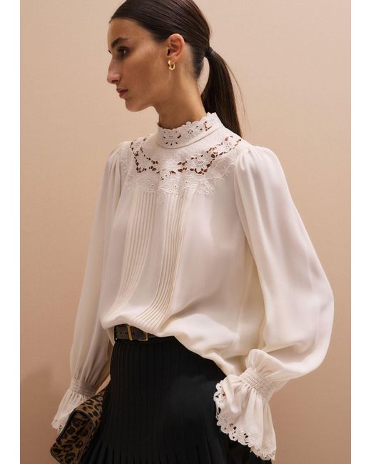 ME+EM Natural Silk Ornate Embroidered High-Neck Top