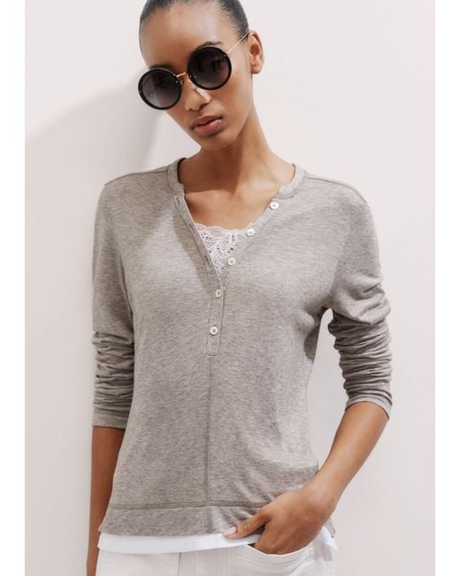 ME+EM Gray Double-Layer Lace Trim Long Sleeve Top Melange/Soft