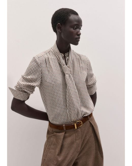 ME+EM Natural Squared Geo Print Blouse With Tie + Arm Adjuster Light Cream-Multi