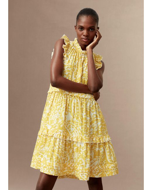 ME+EM Yellow Bold Paisley Print Cheesecloth Frill Swing Dress