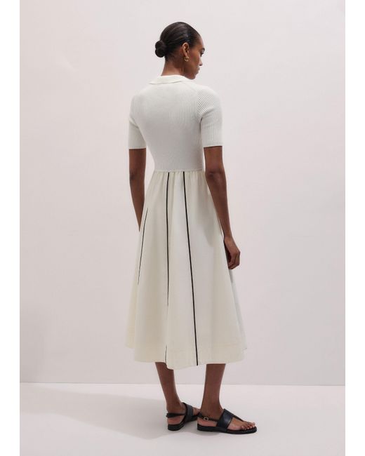 ME+EM Multicolor Mixed Media Fit And Flare Midi Dress + Belt Light Cream