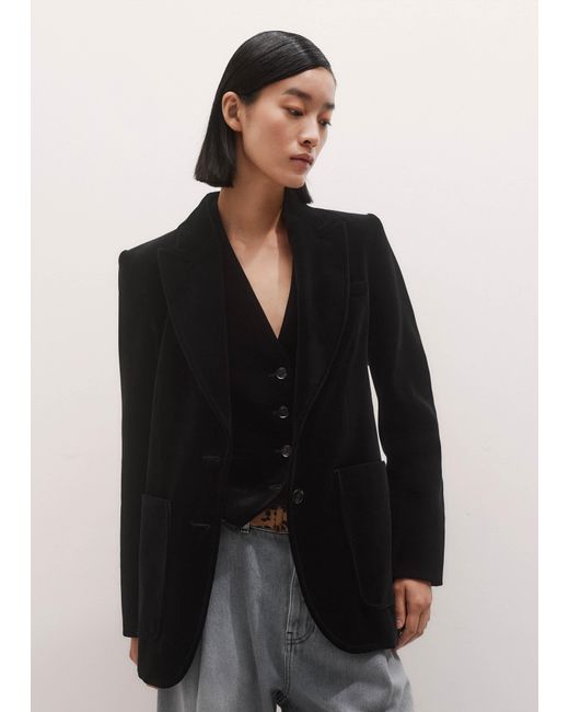 ME+EM Black Stretch Velvet Sharp Shoulder Contour Blazer