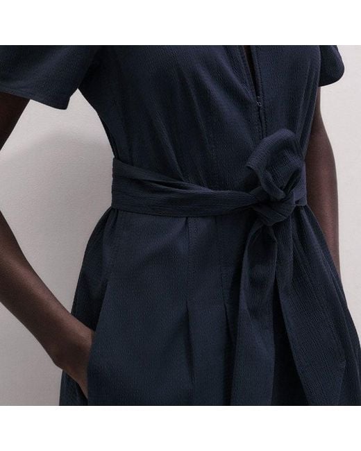 ME+EM Blue Fit And Flare Cotton Seersucker Midi Dress + Belt