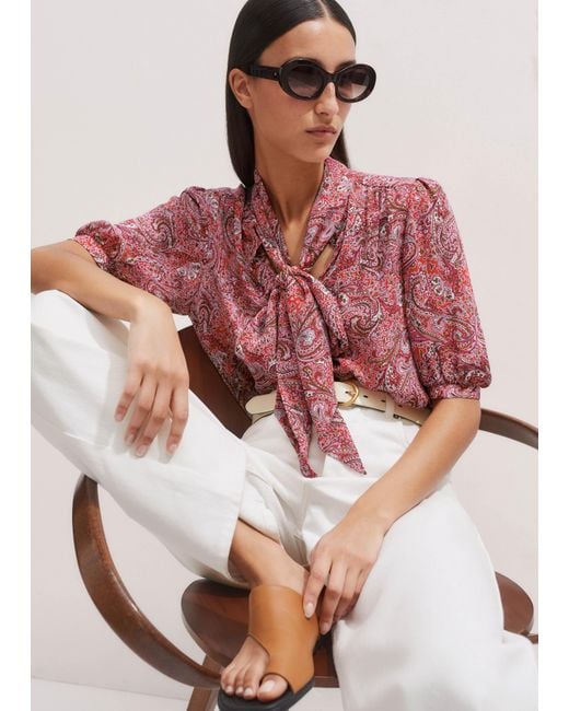 ME+EM Multicolor Silk Intricate Paisley Print Pussybow Blouse