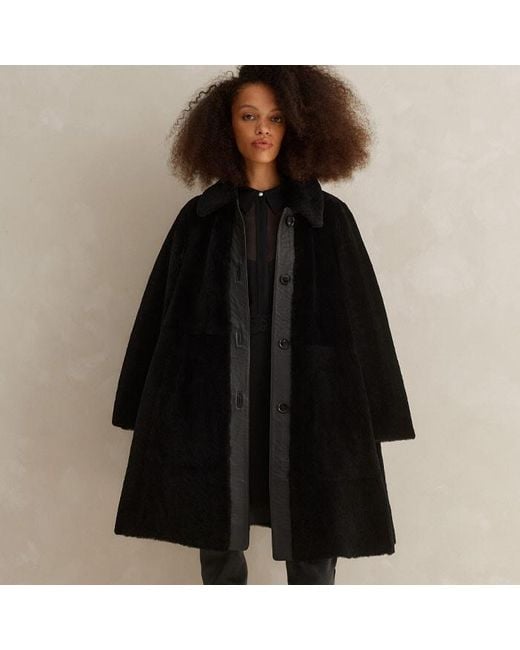 ME+EM Black Luxe Shearling Leather Mix Swing Coat