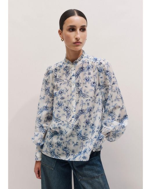 ME+EM Gray Silk Cotton Blend Floral Print Blouse + Tie