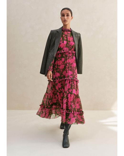 ME+EM Red Scribbled Flower Print Ruffle Maxi Dress + Slip