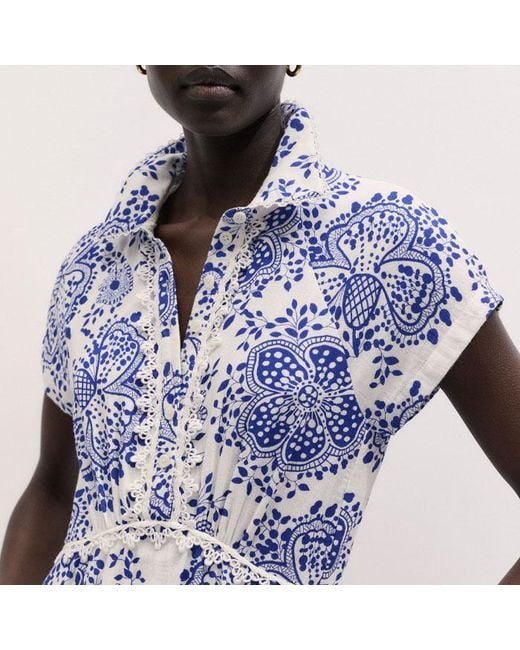ME+EM Blue Cheesecloth Fit & Flare In-Full-Bloom Print Midi Dress Soft