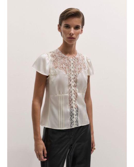 ME+EM Natural Silk Satin And Lace Cap Sleeve Top