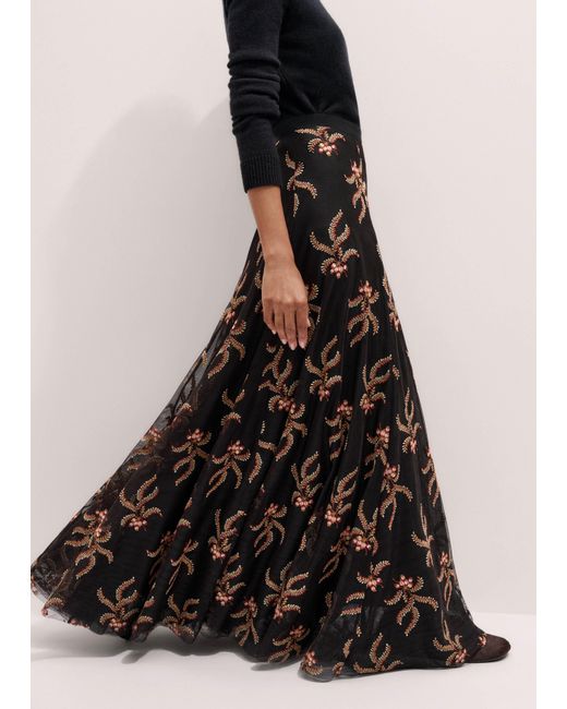 ME+EM Black Autumn Floral Embroidery Mesh Maxi Skirt/Multi