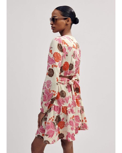 ME+EM Red Cheesecloth Bali Print Fit And Flare Dress Cream//Multi