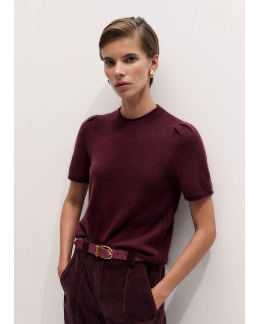 ME+EM Red Merino Cashmere Silk Pouf Sleeve Knit Tee