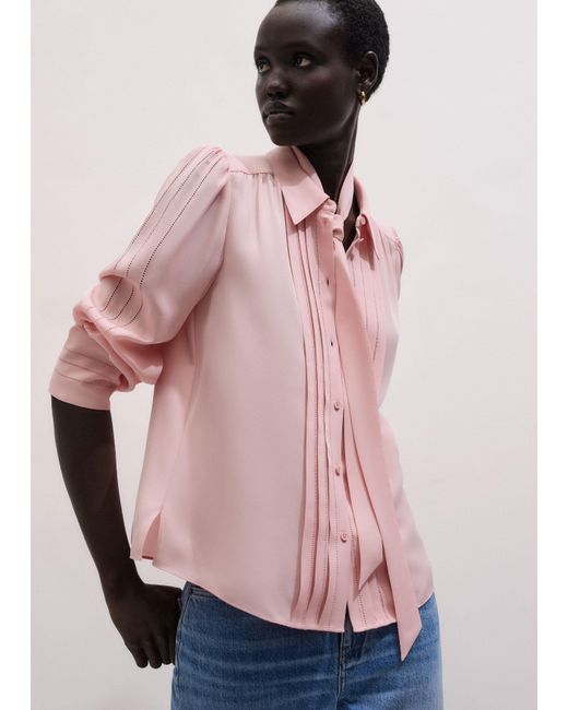ME+EM Pink Silk Feminine Embroidered Straight Blouse + Tie