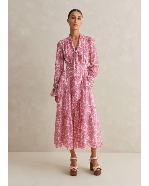 ME+EM Pink Silk Cotton Flower Print Midi Dress + Belt
