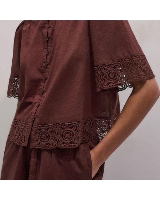 ME+EM Brown Cotton Lace Trim Cropped Top