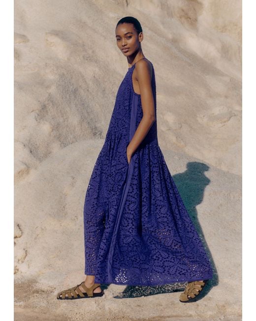 ME+EM Blue Lace Flower Broderie Halterneck Maxi Dress