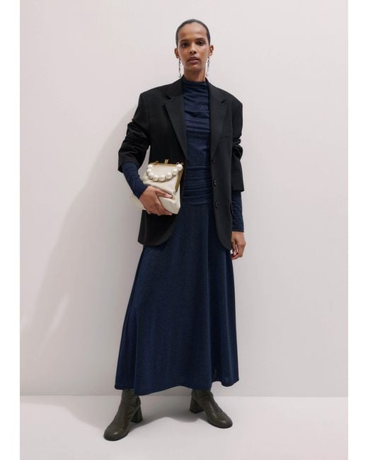 ME+EM Blue Metallic Draped Cowl Neck Maxi Dress