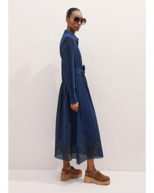 ME+EM Blue Cotton Broderie Border Maxi Shirt Dress + Belt Intense