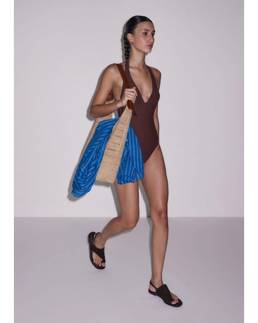 ME+EM Blue Compact Texture Halterneck Swimsuit
