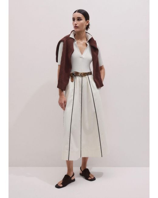 ME+EM Multicolor Mixed Media Fit And Flare Midi Dress + Belt Light Cream