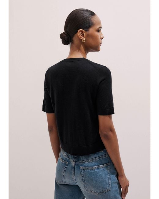 ME+EM Black Merino Cashmere Barely There Buttoned Knit Tee