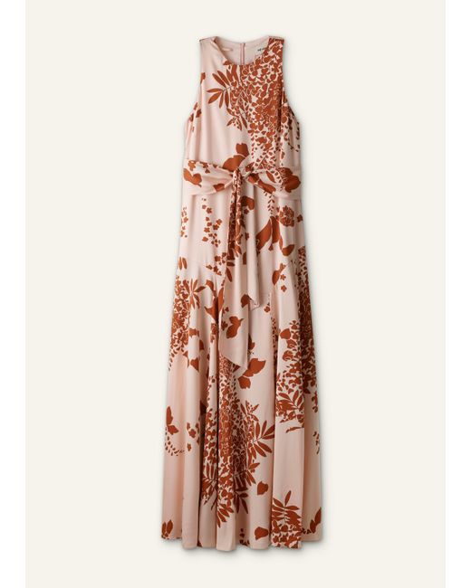 ME+EM Pink Silk Satin Draping Wisteria Print Full Length Dress + Tie-Cinnamon