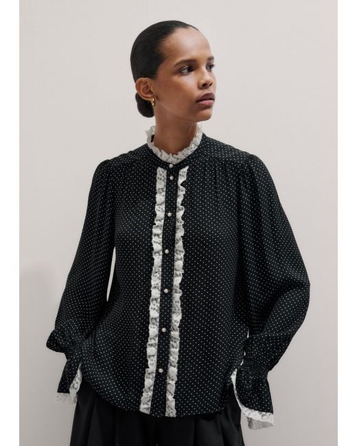 ME+EM Black Micro Polka Dot And Lace Blouse/Light Cream