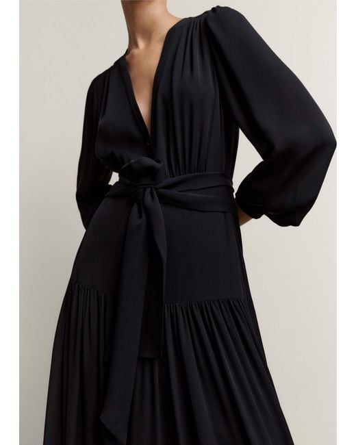 ME+EM Black Silk Statement V-Neck Maxi Dress + Belt