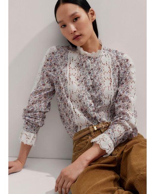 ME+EM Brown Cotton Voile Sweet Pea Print Blouse
