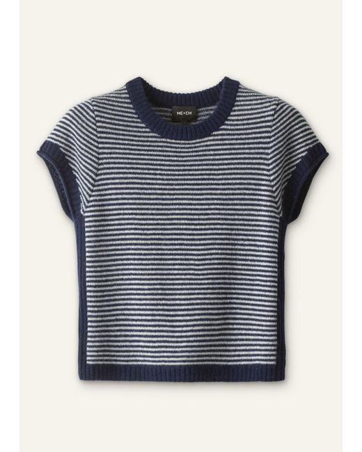 ME+EM Blue Merino Cashmere Silk Stripe Straight Baby Tee-Cream