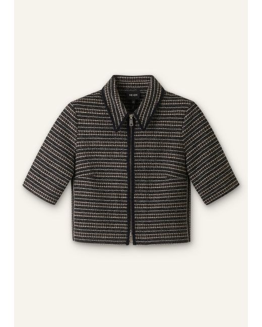 ME+EM Black Stripe Tweed Zip-Front Top